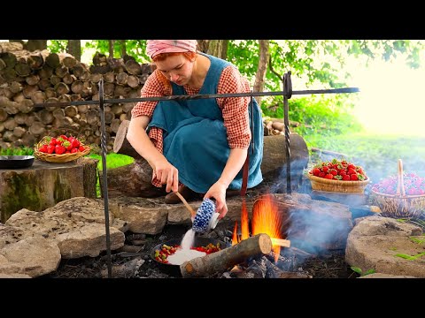 Campfire Cooking 🍓 Strawberry Rhubarb Cobbler Campfire Dessert Recipe, ASMR Cooking