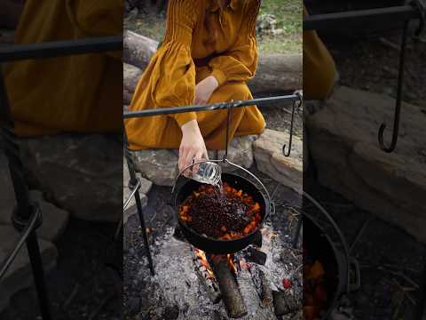 Anyone up for some chili cooked over the campfire? 🔥 #outdoorcooking #cottagecore #campfirefood