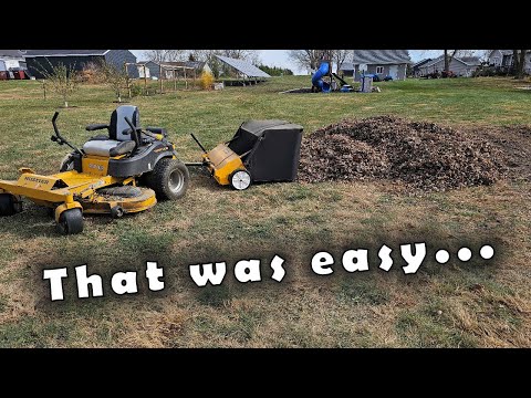 Raking leaves with a lawn mower