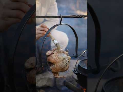 Campfire rotisserie chicken and mashed potatoes 🔥 Perfect for a chilly day! #campfirecooking #asmr